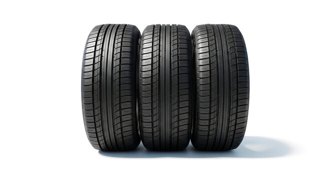 Three new car tires standing upright on a clean white background