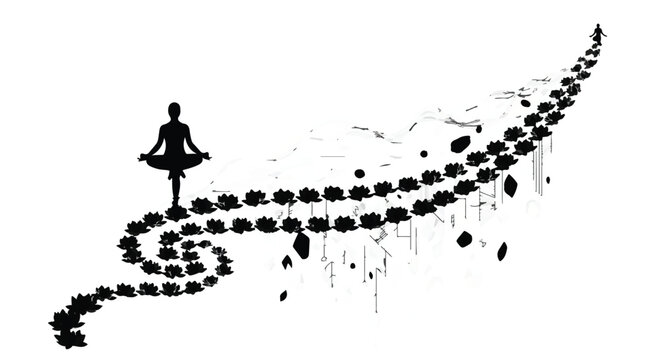 Meditator sits in a lotus position while surrounded by a path of floating flowers.