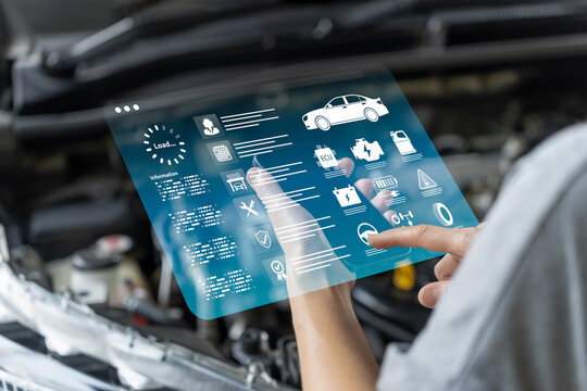 Online car maintenance check concept, Woman using smartphone to review service records, Schedule appointments, Contact service center, track parts replacement, Diagnose vehicle system smart automotive