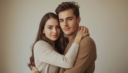 Fototapeta premium A young couple embraces, appearing relaxed and serious while posing for the camera