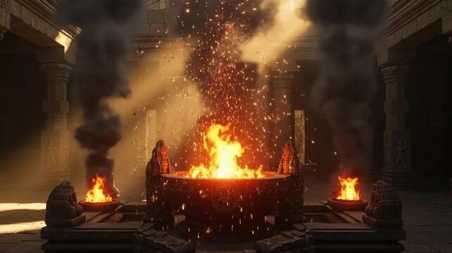 Ancient temple worship with glowing fire altar and smoke