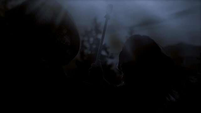 beautiful shamanic girl playing on shaman frame drum. Night atmosphere.