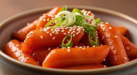Orange food in a bowl topped with sesame seeds and scallions