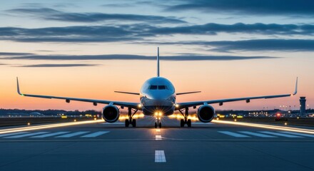 Plane on runway, front view, facing towards the viewer, sunset sky in background