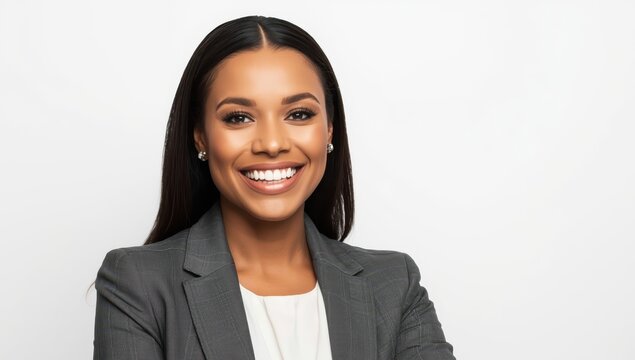 Cheerful businesswoman against a white backdrop