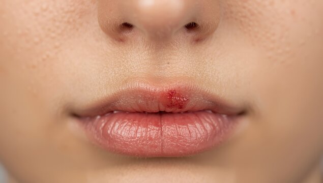 Close-up of lip corner herpes