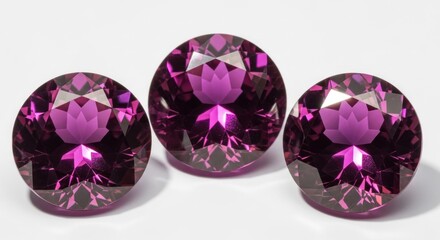 Three round, faceted, deep pinkish-purple gemstones arranged in a triangle