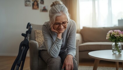 Elderly woman exhausted after vacuuming