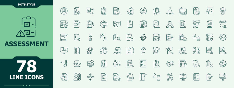 Assessment line icon set. Included graph, check, audit, magnify and more. Inspect icon set. Icons for website. Editable vector art and illustration.