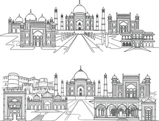 Obraz premium Detailed Taj Mahal architectural line art panorama featuring Mughal monuments palaces gates and gardens black outline vector illustration isolated white background design heritage