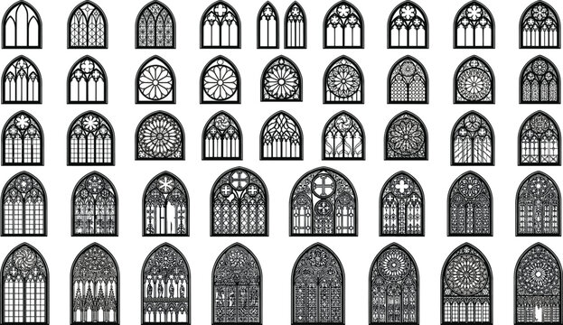 Collection of gothic stained glass church window designs with intricate arches and tracery, isolated on white background for architecture, cathedral art and vintage decoration use