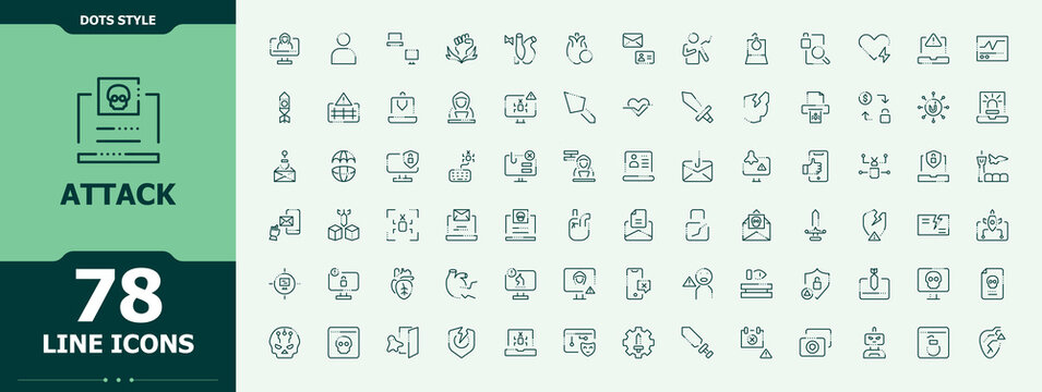 Attack icon set. Related to hacker, fraud, crime, security and more. Cyber icon. Minimalist icons collection. Pictogram and infographic.