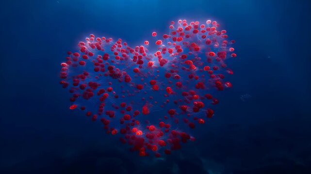 jellyfish swimming together in deep blue water to form a glowing heart shape