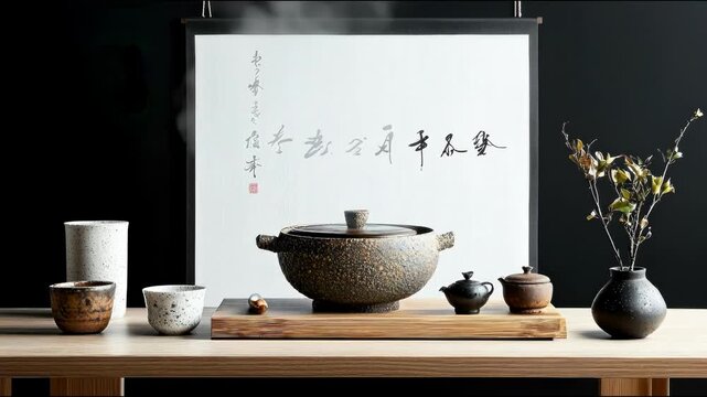 A serene arrangement with tea set items on a wooden surface, calligraphy art, and a vase with dry plants