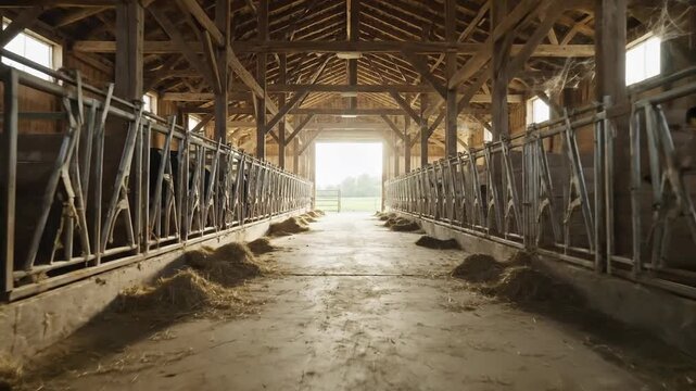 Interior of a rustic wooden barn with stalls for livestock, leading to bright outdoor light