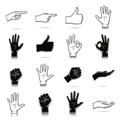 Fototapeta premium Set of diverse hand gestures icons, vector illustration, white and black