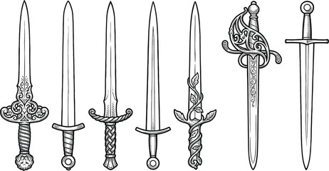Ornate medieval dagger and sword line art collection featuring decorative fantasy blades vintage weapon designs black white engraving style vector illustration set © Creative Vector
