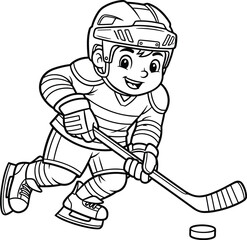 Obraz premium Child playing ice hockey, cartoon style, black and white, line drawing, skating action, hockey stick, puck, helmet, gloves, uniform, striped jersey, winter sport, athletic child, focused