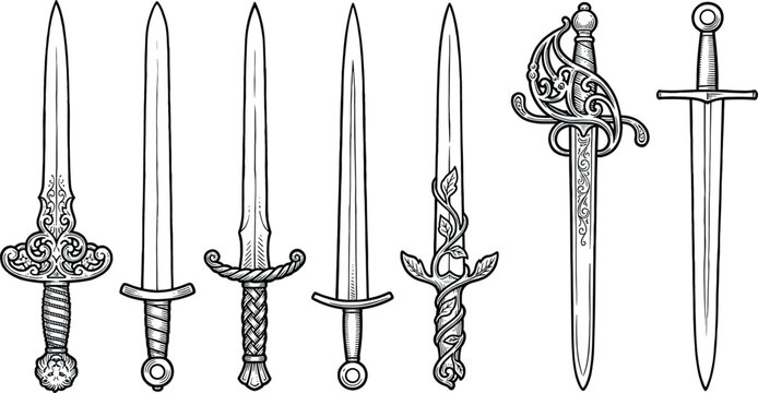 Ornate medieval dagger and sword line art collection featuring decorative fantasy blades vintage weapon designs black white engraving style vector illustration set