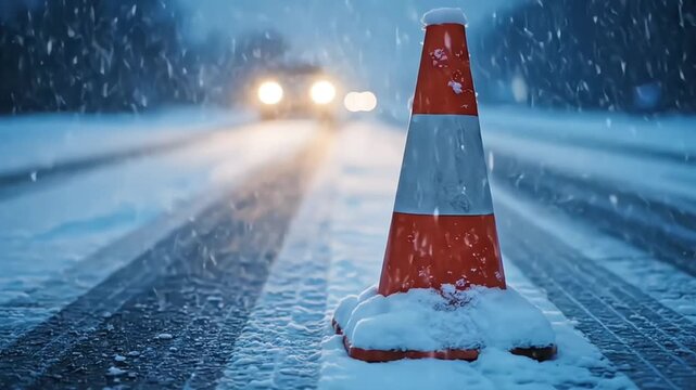 Snowy road with traffic cone and car approaching in winter weather