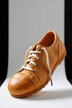 A stylish, tan leather sneaker with laces, set against a minimalist background, showcasing its design.