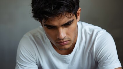 Fototapeta premium Image of a thoughtful young man wearing a T-shirt