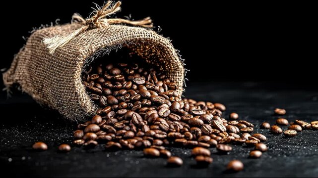 A rustic burlap sack spills roasted coffee beans onto a dark, textured surface, illuminated against a black background