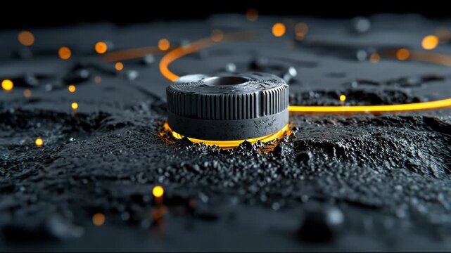 A dark, textured surface hosts a metallic disc emitting a vibrant orange glow.  Orbs and light trails add depth