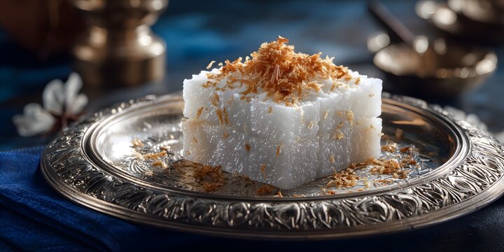 Delicate Malay Kuih Kuih talam sits atop delicate silver tray surrounded subtle sheen of steamed coconut milk golden flake of sesame seed cascade across intricate rice flour layer clean professional