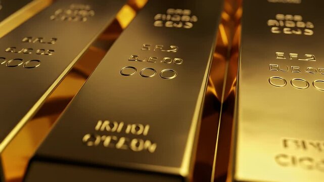 Close-up view of multiple shiny gold bars, each marked with purity and weight, reflecting light in a luxurious display.