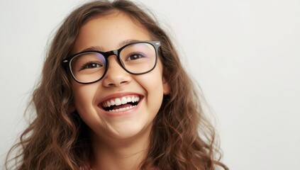 Obraz premium Joyful young girl in glasses laughing in front of a white backdrop