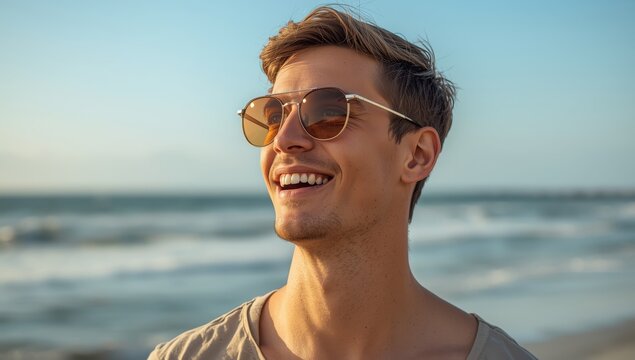 Joyful young man gazing at the shore