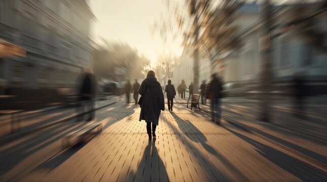 slow movement through city or road, soft winter light, calm motion blur, cinematic perspective, people far away, gentle rhythm, peaceful and grounded mood,