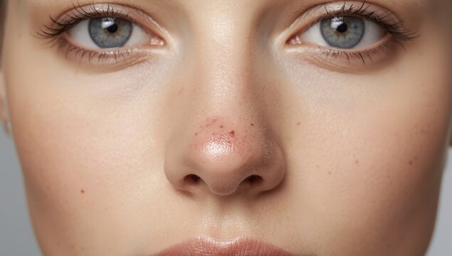 Nose herpes - Close-up of a young Caucasian woman with a virus on her nose