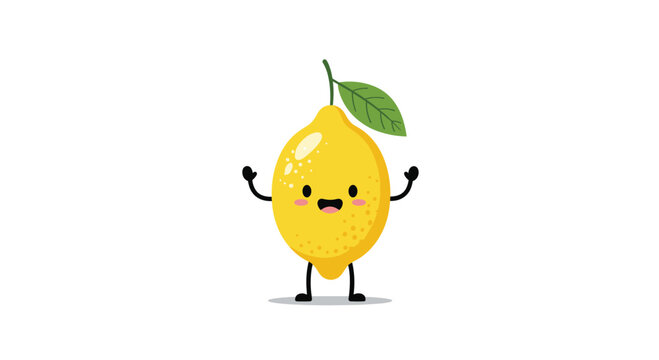Cheerful illustration of a cute cartoon lemon character with a happy face and waving arms on a white background.