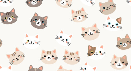 Fototapeta premium Cute seamless pattern of various cat heads with different colors and expressions on a light grey background for pets.