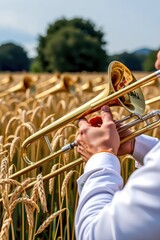 Fototapeta premium A musician plays a trumpet in a golden field, surrounded by wheat, blending music with nature in a vibrant outdoor setting.
