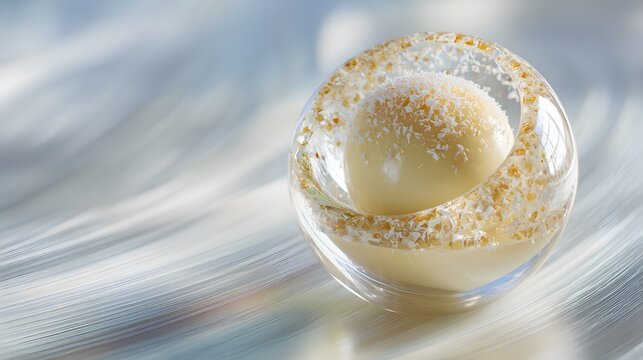 Delicate sphere float through Nicaraguan dessert menu encasing velvety sweet coconut custard airy Espumilla translucent casing glistening if made of shimmering milk glass clean professional stock