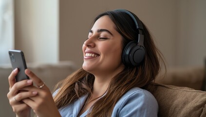 Woman enjoying music on her smartphone at home, eyes closed, with space for text