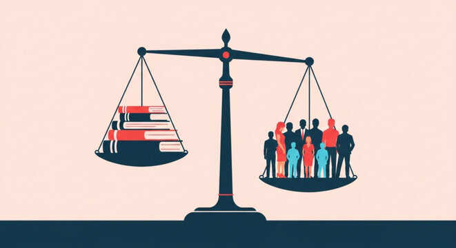 Balance scale with people versus books symbolizing education and knowledge versus human value weighing importance