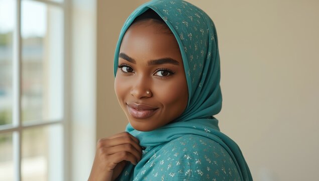 Young Muslim woman in hijab gazing sideways indoors