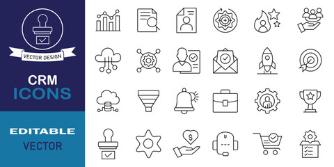 CRM outline icon set symbol collcetion. Set of 24 icons related to data, report, strategy, manage, loyalty, contact, marketing, integration, cloud, conversion and more. Editable stroke.
