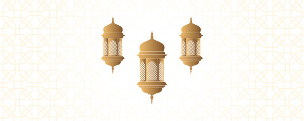 Realistic 3D design of a golden vintage Arabic lantern. Horizontal Ramadan banner, blank poster template, website header. Vector