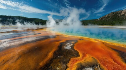 The vibrant, steaming geothermal hot springs of Yellowstone, with surreal of orange, yellow, and blue created by thermophilic bacteria, steam obscuring the background, otherworldly. 