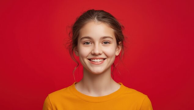 I adore you. Joyful teenage girl posing on a stylish red backdrop. Attractive female image. Content young woman. Emotions and facial expressions concept. Frontal view