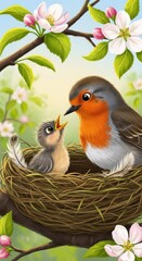 Adult and baby birds interacting within a nest surrounded by blooming spring foliage