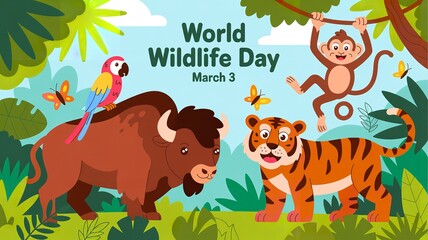 Vibrant cartoon animals in jungle setting celebrating World Wildlife Day on March 3 with playful monkey and colorful wildlife
