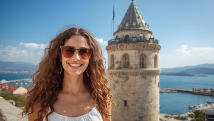 Naklejka premium Female traveler in front of Hidirlik Tower in Antalya, overlooking the Mediterranean bay of the historic Kaleici area, Turkey