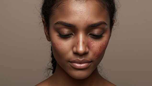 Female with skin issues and acne marks; facial pigmentation. Skincare and health topic