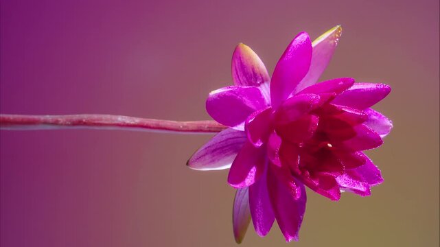 single small magenta blossom hanging from thin stem, side profile against soft pink background, delicate silhouette and peaceful studio mood